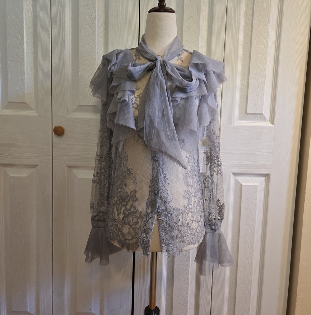 Chicwish Gray Lace Ruffle Tie-Neck Blouse